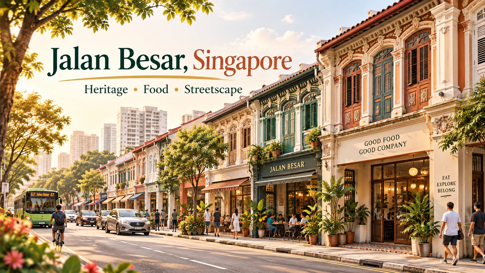 Conserved shophouses and heritage streetscape in Jalan Besar, Singapore